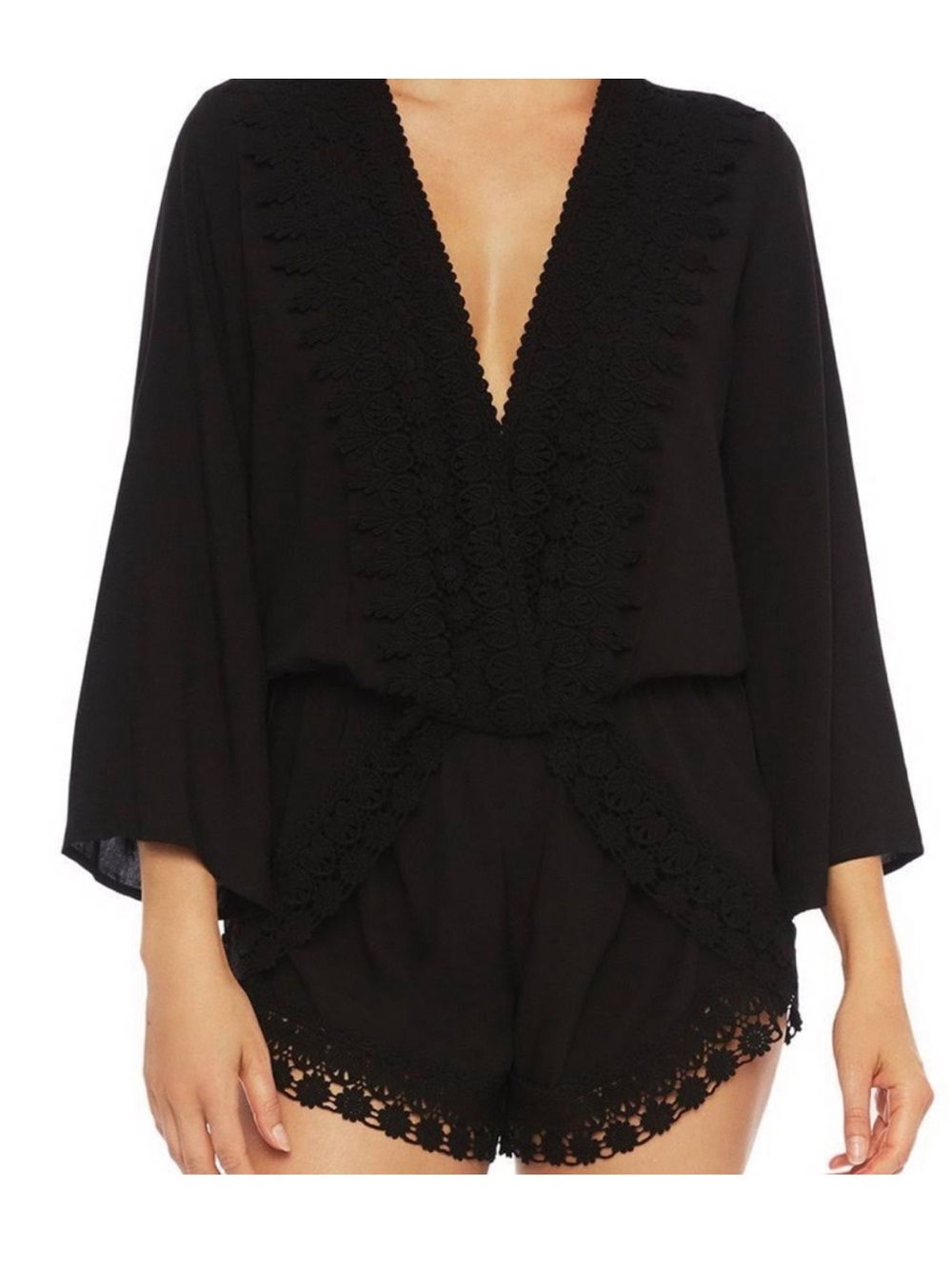 LA BLANCA Costa Brava Romper Crochet Trim V Neck Black